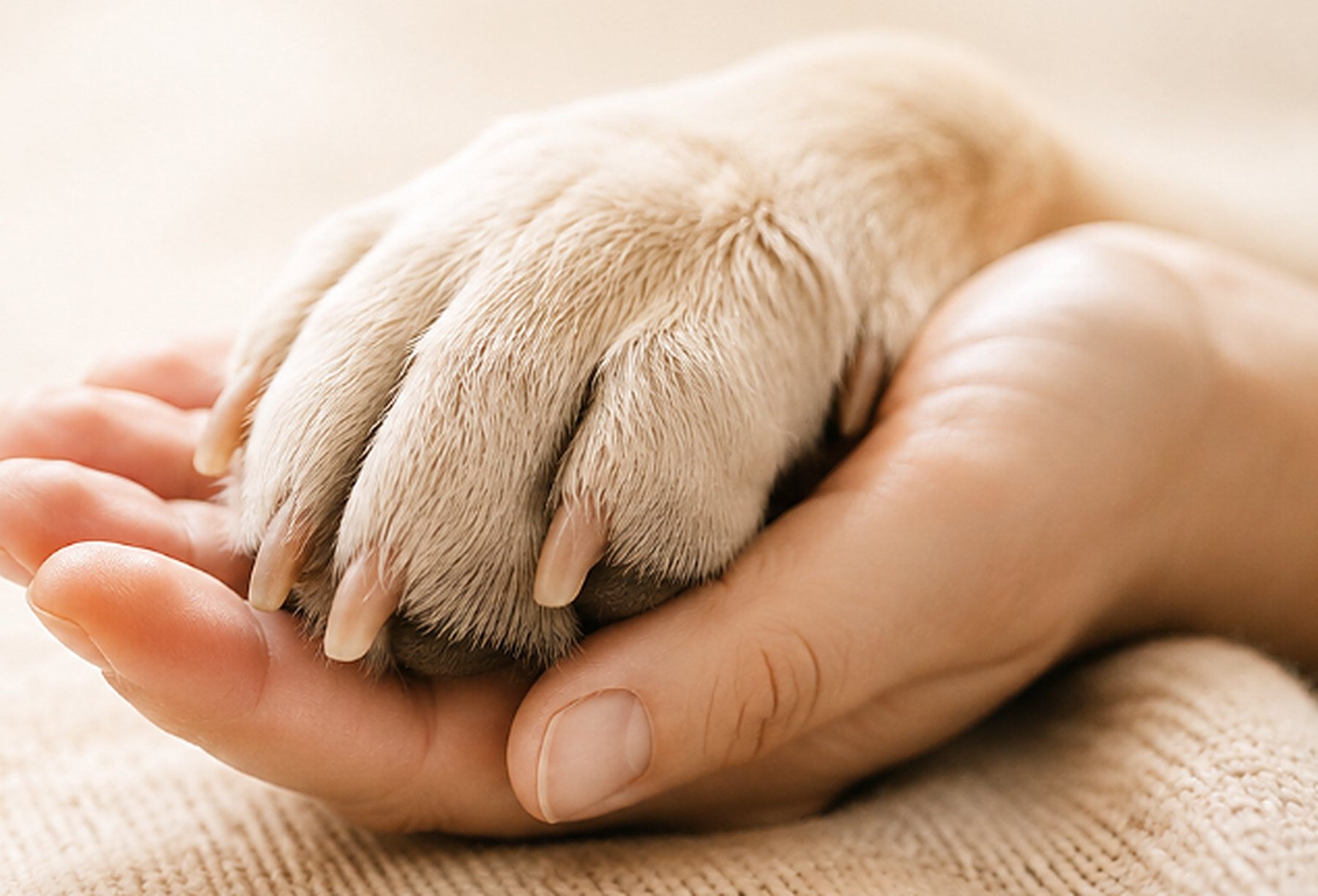 Mano sosteniendo con cariño la patita de un perro, símbolo de acompañamiento y confianza